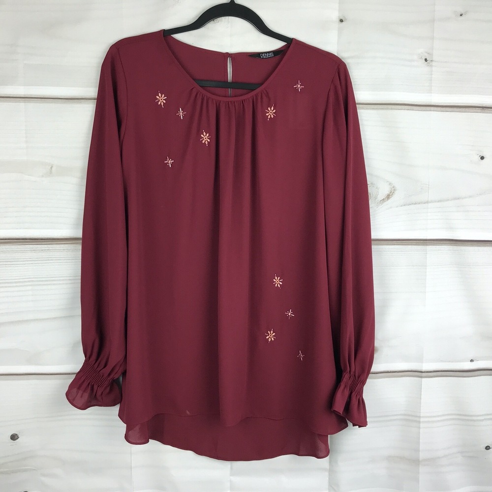 Dennis Basso Top Womens 4 Red Embroidered Blouse Long Sleeve Pullover Woven